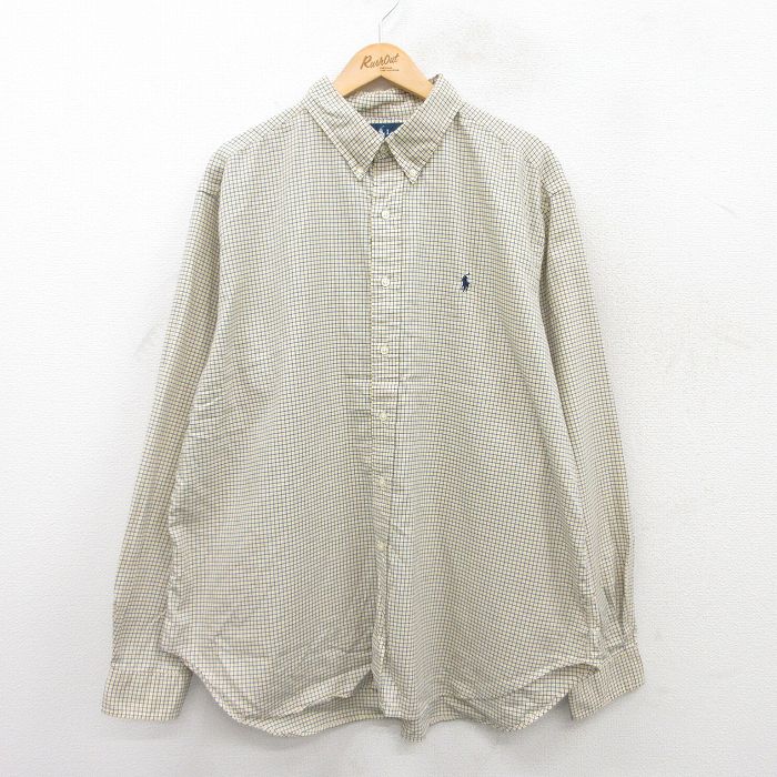 XL★古着 ラルフローレン Ralph Lauren 長袖 ブランド シャツ メンズ 90年代 90s ワンポイントロゴ 大きいサイズ コットン ボタンダウン 黄他 イエロー チェック 25jun17 中古 トップス