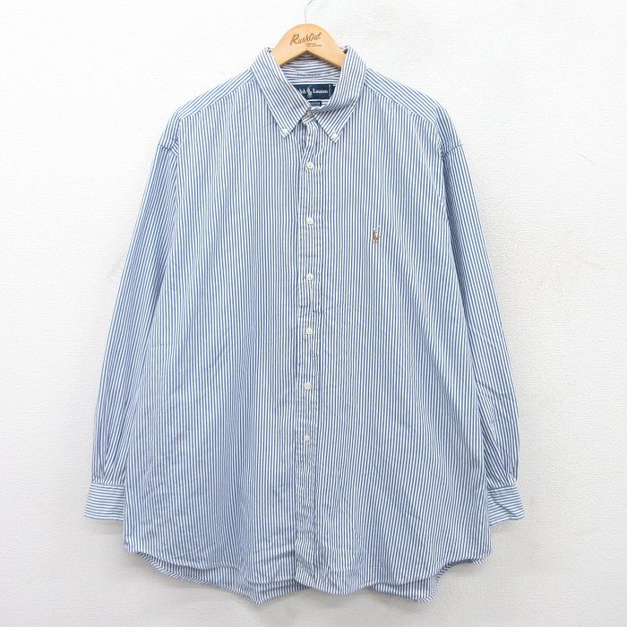XL★古着 ラルフローレン Ralph Lauren 長袖 ブランド シャツ メンズ 90年代 90s ワンポイントロゴ オックスフォード YARMOUTH 大きいサイズ ロング丈 コットン ボタンダウン 紺他 ネイビー ストライプ 25jun17 中古 トップス