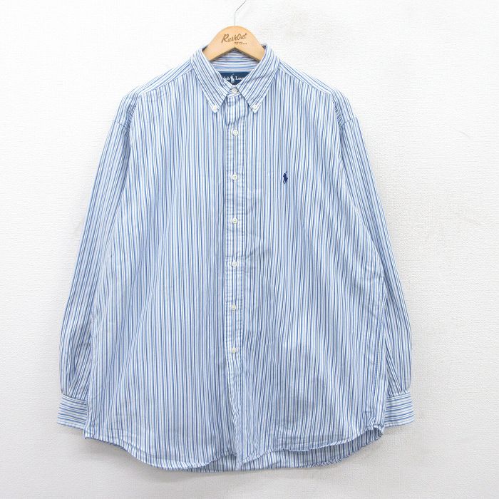XL★古着 ラルフローレン Ralph Lauren 長袖 ブランド シャツ メンズ 90年代 90s ワンポイントロゴ BLAKE 大きいサイズ コットン ボタンダウン 薄紺他 ネイビー ストライプ 25jun17 中古 トップス