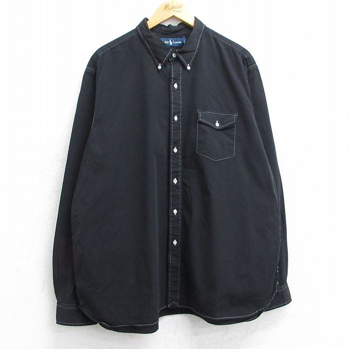 【20%OFF】XL★古着 ラルフローレン Ralph Lauren 長袖 ブランド シャツ メンズ 90年代 90s 大きいサイズ コットン ボタンダウン 黒 ブラック ストライプ 25jun19 中古 トップス