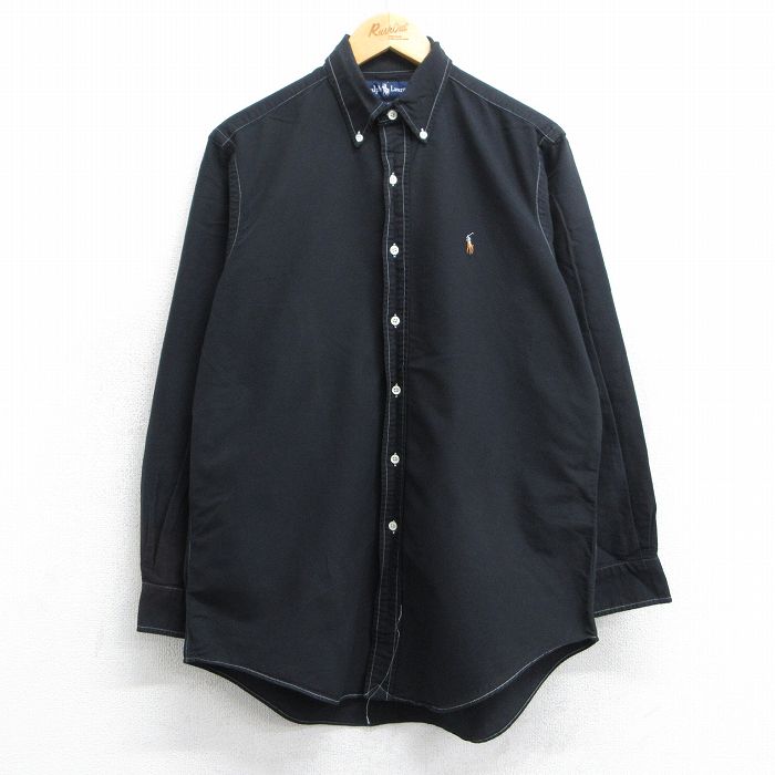 【50%OFF】XL★古着 ラルフローレン Ralph Lauren 長袖 ブランド シャツ メンズ 90年代 90s ワンポイントロゴ オックスフォード コットン ボタンダウン 黒 ブラック 25jun19 中古 トップス