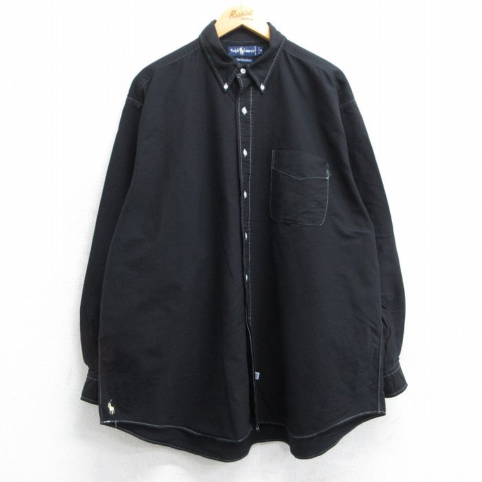 XL★古着 ラルフローレン Ralph Lauren 長袖 ブランド シャツ メンズ 90年代 90s 大きいサイズ 裾ロゴ ビッグオックスフォード ロング丈 コットン ボタンダウン 黒 ブラック 【spe】 25jun19 中古 トップス