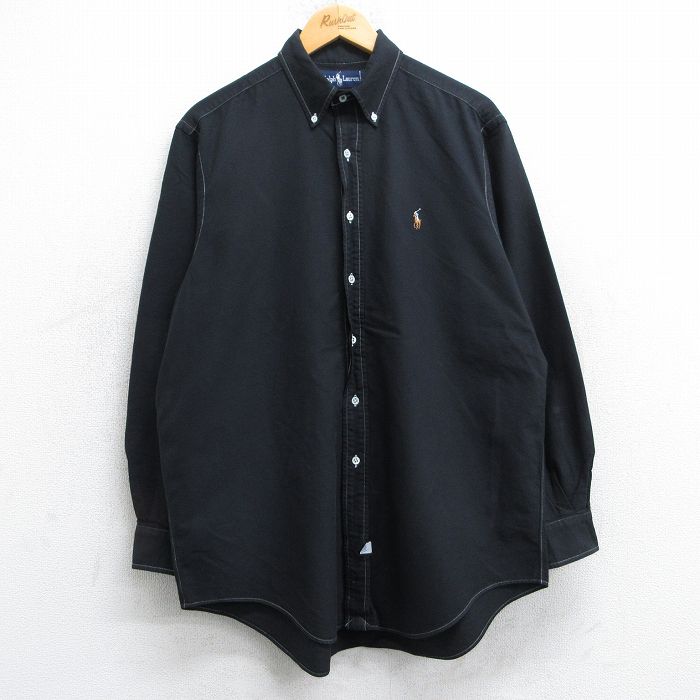 【50%OFF】XL★古着 ラルフローレン Ralph Lauren 長袖 ブランド シャツ メンズ 90年代 90s ワンポイントロゴ オックスフォード 大きいサイズ コットン ボタンダウン 黒 ブラック 25jun19 中古 トップス