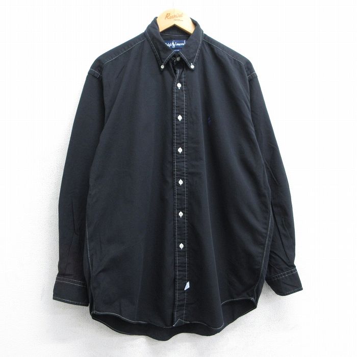 XL★古着 ラルフローレン Ralph Lauren 長袖 ブランド シャツ メンズ 90年代 90s ワンポイントロゴ 大きいサイズ ロング丈 コットン ボタンダウン 黒 ブラック 25jun19 中古 トップス