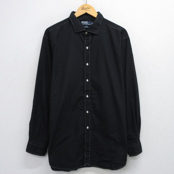 XL★古着 ラルフローレン Ralph Lauren 長袖 ブランド シャツ メンズ 90年代 90s ESTATE 大きいサイズ ロング丈 コットン 黒 ブラック 25jun21 中古 トップス