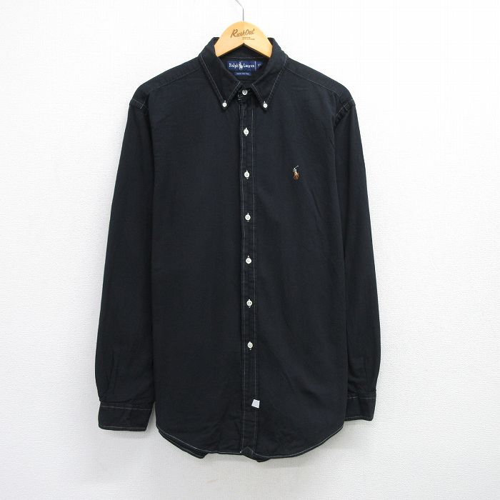 XL★古着 ラルフローレン Ralph Lauren 長袖 ブランド シャツ メンズ 90年代 90s ワンポイントロゴ オックスフォード 大きいサイズ ロング丈 コットン ボタンダウン 黒 ブラック 25jun21 中古 トップス