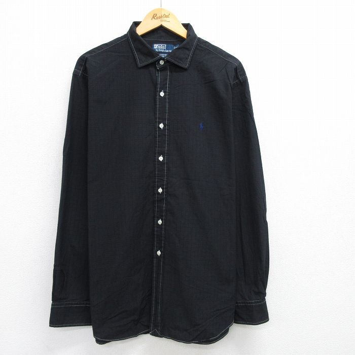 XL★古着 ラルフローレン Ralph Lauren 長袖 ブランド シャツ メンズ 90年代 90s ワンポイントロゴ STANTON 大きいサイズ ロング丈 コットン 黒 ブラック チェック 25jun21 中古 トップス
