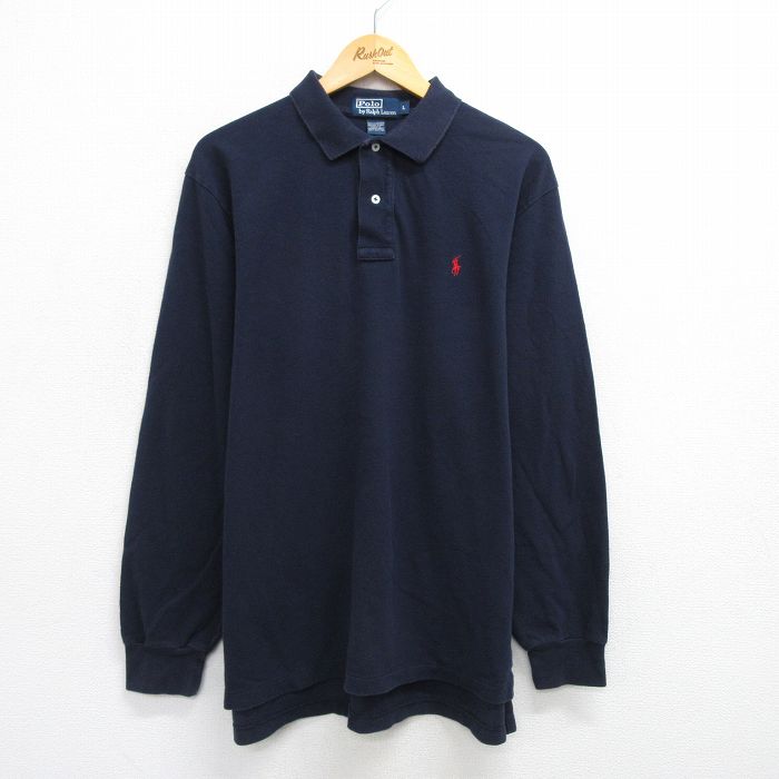 XL★古着 ラルフローレン Ralph Lauren 長袖 ブランド ポロ シャツ メンズ 90年代 90s ワンポイントロゴ 鹿の子 コットン 紺 ネイビー 25jun21 中古 トップス