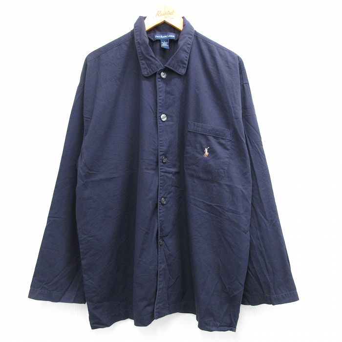 XL★古着 ラルフローレン Ralph Lauren 長袖 ブランド パジャマ シャツ メンズ ワンポイントロゴ 濃紺 ネイビー 25jun23 中古 トップス