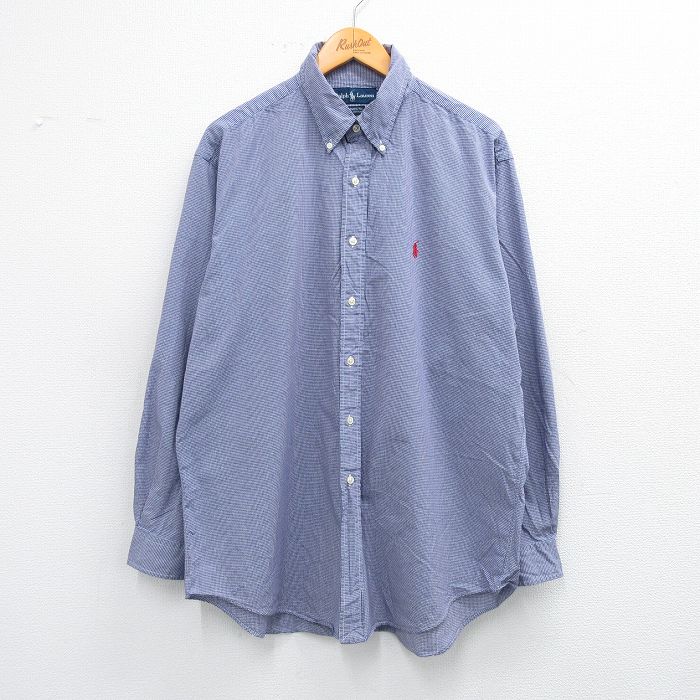 【20%OFF】XL★古着 ラルフローレン Ralph Lauren 長袖 ブランド シャツ メンズ 90年代 90s ワンポイントロゴ YARMOUTH 大きいサイズ コットン ボタンダウン 紺他 ネイビー ギンガム チェック 25jun23 中古 トップス