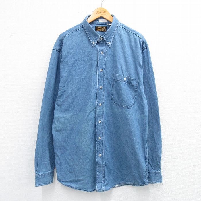 XL★古着 エディーバウアー 長袖 ブランド シャツ メンズ 90年代 90s ロング丈 ボタンダウン 紺 ネイビー デニム 【spe】 25jun23 中古 トップス