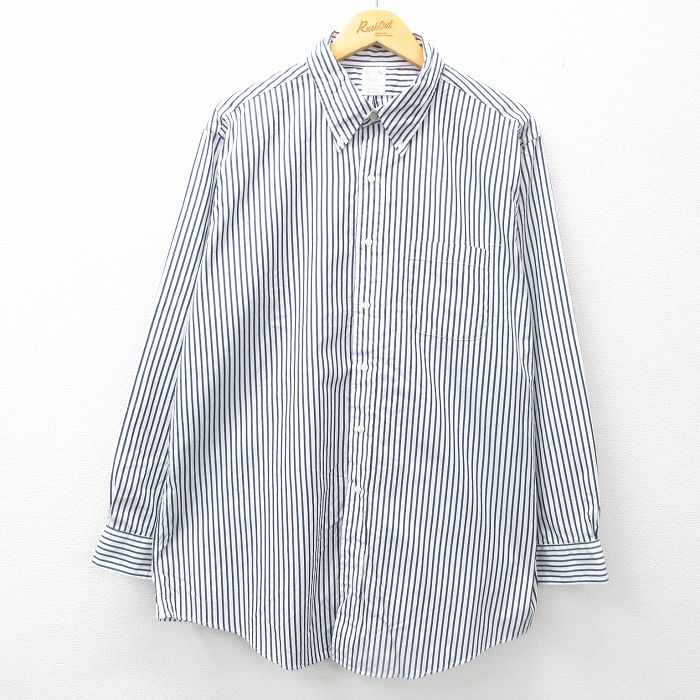 XL★古着 ブルックスブラザーズ BROOKS BROTHERS 長袖 ブランド シャツ メンズ 大きいサイズ ロング丈 コットン ボタンダウン 白他 ホワイト ストライプ 25jun27 中古 トップス