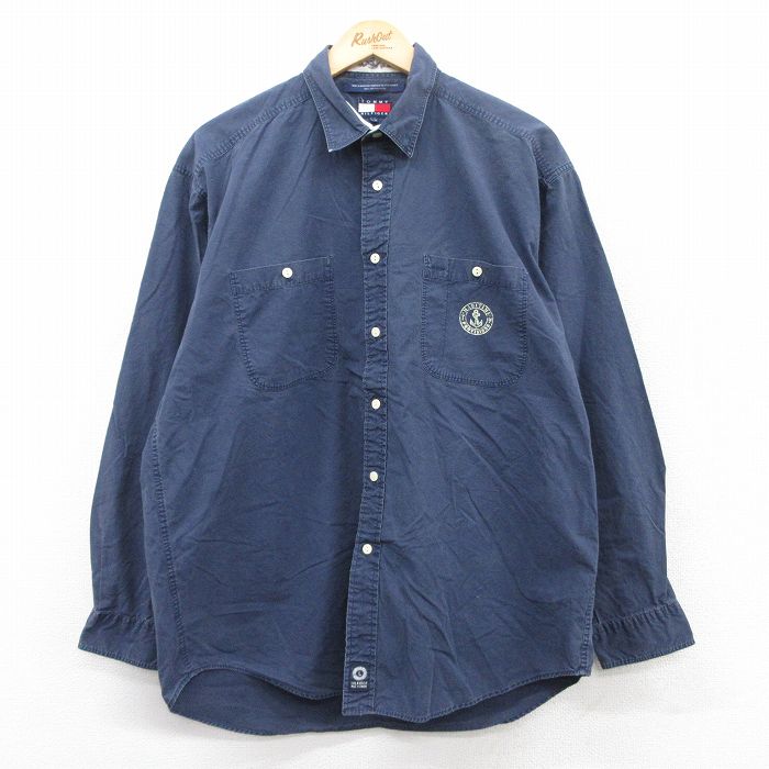 XL★古着 トミーヒルフィガー TOMMY HILFIGER 長袖 ブランド シャツ メンズ 90年代 90s イカリ 大きいサイズ コットン 紺 ネイビー 25jun27 中古 トップス