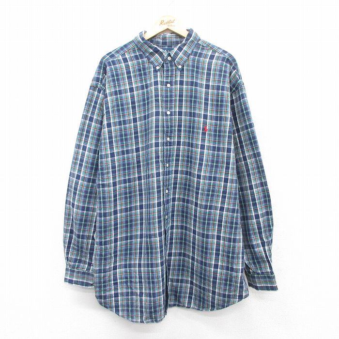 XL★古着 ラルフローレン Ralph Lauren 長袖 ブランド シャツ メンズ 90年代 90s ワンポイントロゴ 大きいサイズ ロング丈 コットン ボタンダウン 紺他 ネイビー チェック 25jun27 中古 トップス