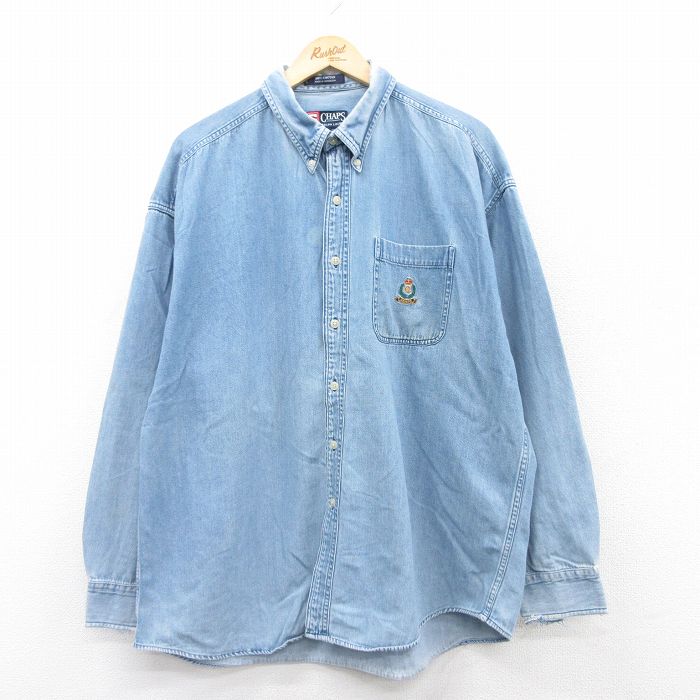 【50%OFF】XL★古着 ラルフローレン Ralph Lauren チャップス 長袖 ブランド シャツ メンズ 90年代 90s ワンポイントロゴ 大きいサイズ ロング丈 コットン ボタンダウン 紺 ネイビー デニム 25jun27 中古 トップス