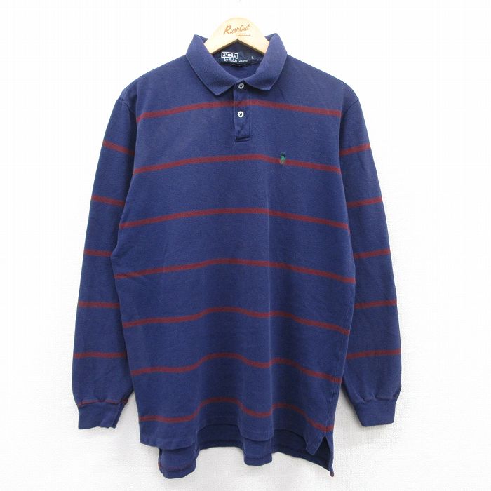 【50%OFF】XL★古着 ラルフローレン Ralph Lauren 長袖 ブランド ポロ シャツ メンズ 90年代 90s ワンポイントロゴ 鹿の子 コットン USA製 紺他 ネイビー 25jun27 中古 トップス