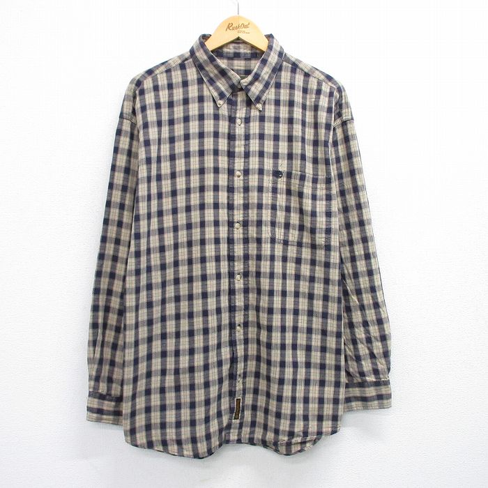 【50%OFF】XL★古着 ティンバーランド 長袖 ブランド シャツ メンズ 00年代 00s ワンポイントロゴ ロング丈 ベージュ他 カーキ チェック 25jun28 中古 トップス