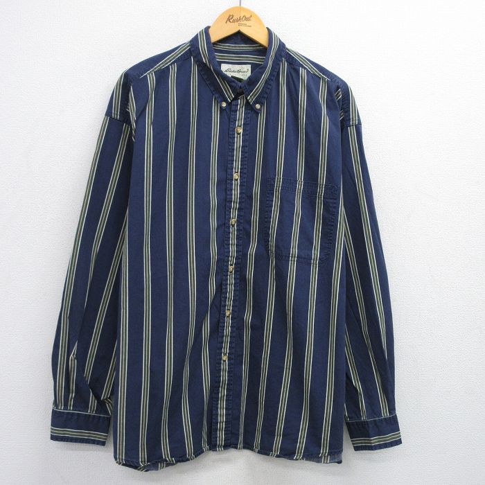XL★古着 エディーバウアー 長袖 ブランド シャツ メンズ 00年代 00s 大きいサイズ ロング丈 コットン ボタンダウン 紺他 ネイビー ストライプ 25jun30 中古 トップス