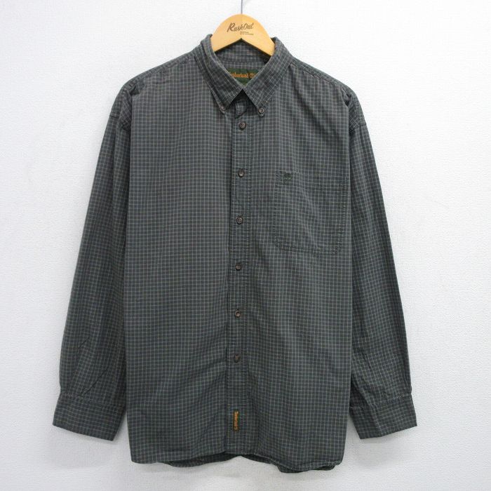 XL★古着 ティンバーランド 長袖 ブランド シャツ メンズ 00年代 00s ワンポイントロゴ 大きいサイズ コットン ボタンダウン 緑系他 グリーン チェック 25jun30 中古 トップス