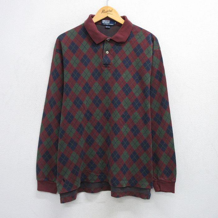 XL★古着 ラルフローレン Ralph Lauren 長袖 ブランド ポロ シャツ メンズ アーガイル コットン USA製 エンジ系他 【spe】 25jun30 中古 トップス