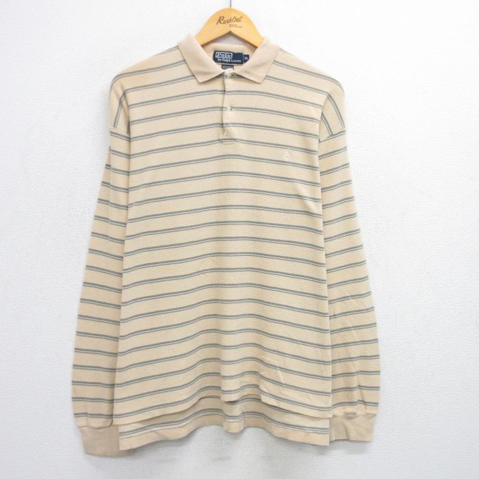XL★古着 ラルフローレン Ralph Lauren 長袖 ブランド ポロ シャツ メンズ ワンポイントロゴ 大きいサイズ コットン ベージュ系他 カーキ ボーダー 25jun30 中古 トップス