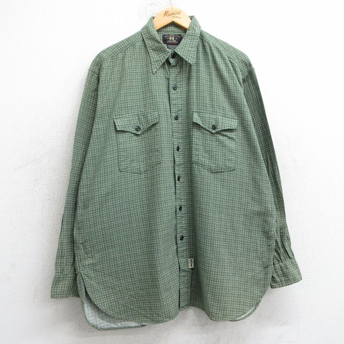 XL★古着 ラルフローレン Ralph Lauren ダブルアールエル 長袖 ブランド シャツ メンズ 90年代 90s 大きいサイズ コットン 緑他 グリーン チェック 【spe】 25jul01 中古 トップス