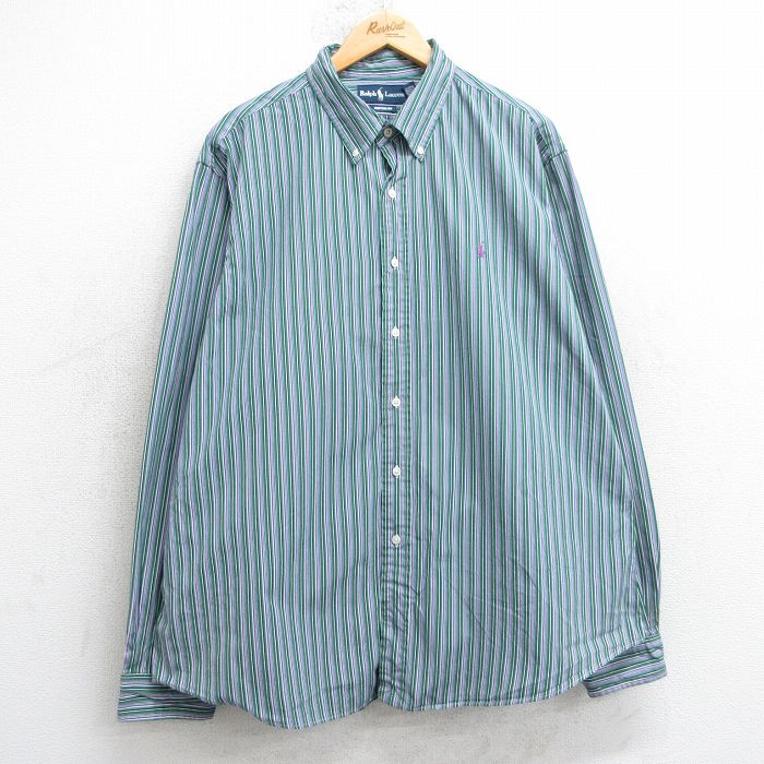 XL★古着 ラルフローレン Ralph Lauren 長袖 ブランド シャツ メンズ 90年代 90s ワンポイントロゴ 大きいサイズ コットン ボタンダウン 緑他 グリーン ストライプ 25jul01 中古 トップス