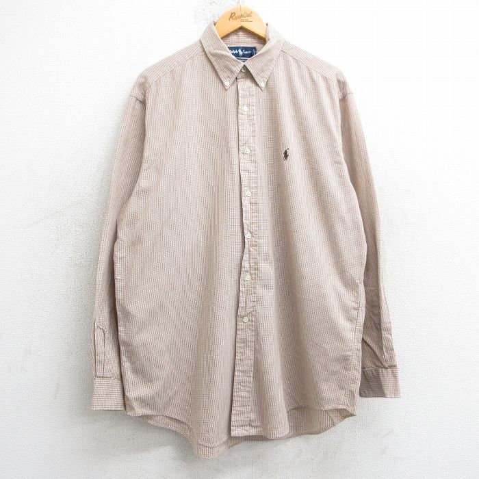 XL★古着 ラルフローレン Ralph Lauren 長袖 ブランド シャツ メンズ 00年代 00s ワンポイントロゴ YARMOUTH ロング丈 コットン ボタンダウン ベージュ系他 カーキ チェック 25jul01 中古 トップス