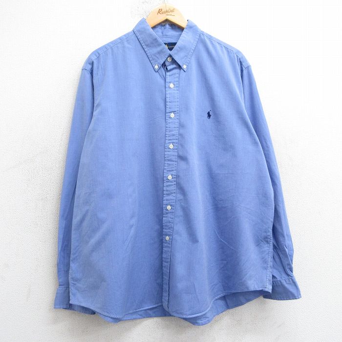 XL★古着 ラルフローレン Ralph Lauren 長袖 ブランド シャツ メンズ ワンポイントロゴ 大きいサイズ コットン ボタンダウン 薄紺 ネイビー 25jul01 中古 トップス