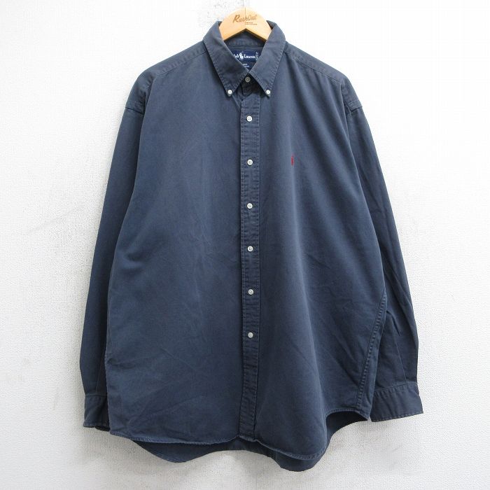 XL★古着 ラルフローレン Ralph Lauren 長袖 ブランド シャツ メンズ 90年代 90s ワンポイントロゴ BLAIRE 大きいサイズ ロング丈 コットン ボタンダウン 濃グレー 25jul01 中古 トップス