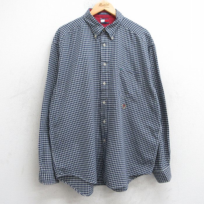 XL★古着 トミーヒルフィガー TOMMY HILFIGER 長袖 ブランド シャツ メンズ 90年代 90s ワンポイントロゴ 大きいサイズ コットン ボタンダウン 紺他 ネイビー チェック 25jul01 中古 トップス