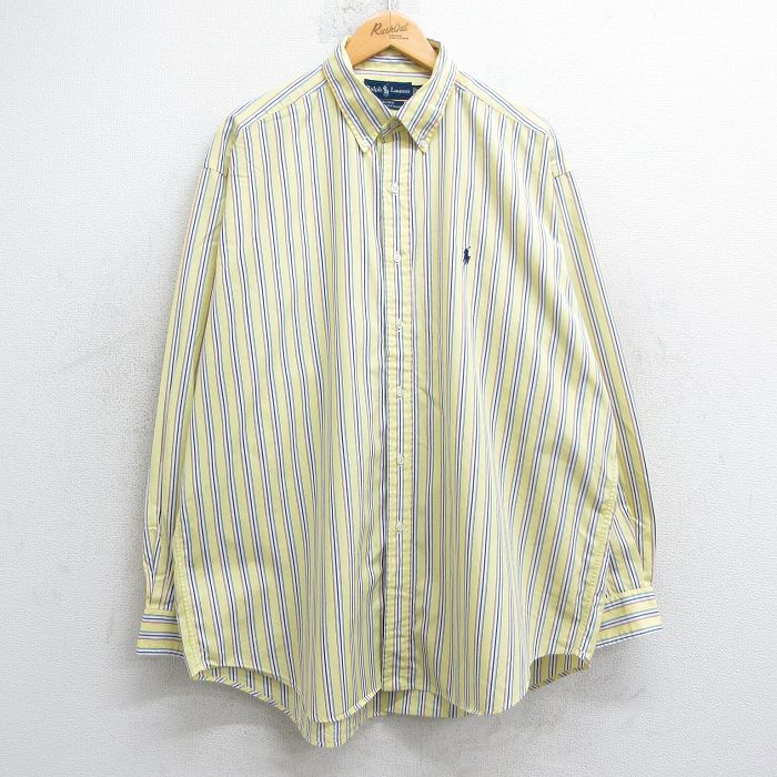 XL★古着 ラルフローレン Ralph Lauren 長袖 ブランド シャツ メンズ 90年代 90s ワンポイントロゴ BLAKE 大きいサイズ ロング丈 コットン ボタンダウン 黄他 イエロー ストライプ 25jul02 中古 トップス