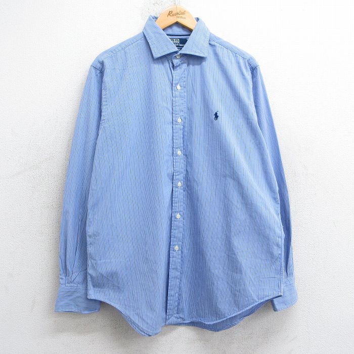 XL★古着 ラルフローレン Ralph Lauren 長袖 ブランド シャツ メンズ 90年代 90s ワンポイントロゴ STANTON コットン 薄紺他 ネイビー ストライプ 25jul02 中古 トップス