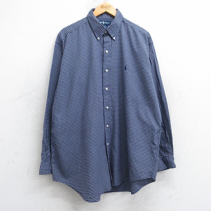 XL★古着 ラルフローレン Ralph Lauren 長袖 ブランド シャツ メンズ 90年代 90s ワンポイントロゴ BLAKE 大きいサイズ ロング丈 コットン ボタンダウン 紺他 ネイビー チェック 25jul02 中古 トップス