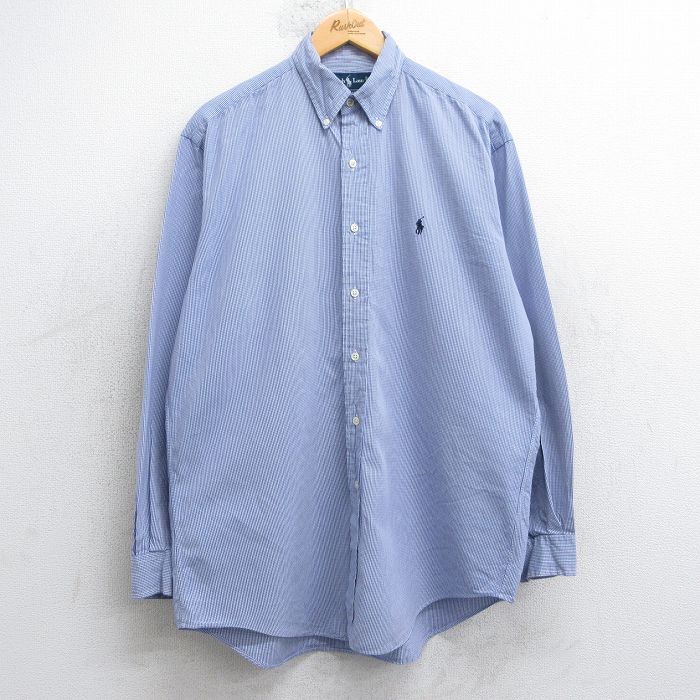 XL★古着 ラルフローレン Ralph Lauren 長袖 ブランド シャツ メンズ 90年代 90s ワンポイントロゴ BLAKE 大きいサイズ ロング丈 コットン ボタンダウン 薄紫他 パープル チェック 25jul02 中古 トップス