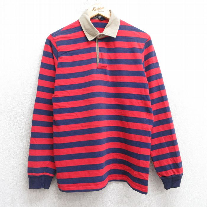 【50%OFF】S★古着 ランズエンド 長袖 ブランド ラガー シャツ メンズ 90年代 90s コットン USA製 赤他 レッド ボーダー 25jul02 中古 トップス