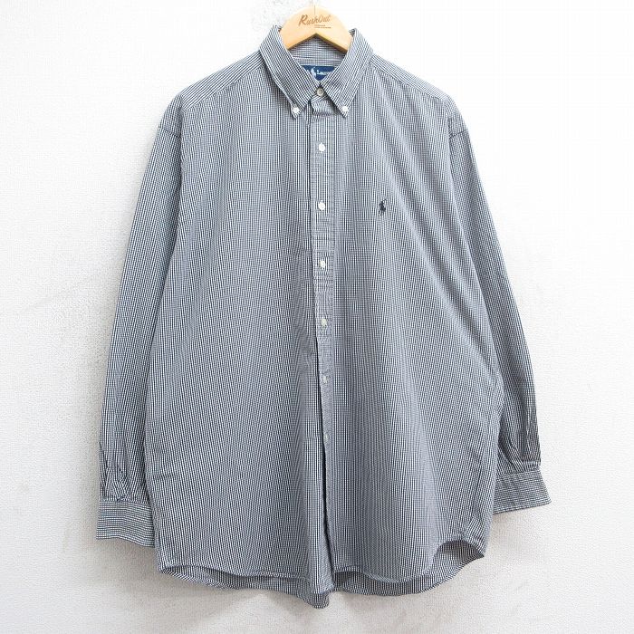XL★古着 ラルフローレン Ralph Lauren 長袖 ブランド シャツ メンズ 90年代 90s ワンポイントロゴ BLAKE 大きいサイズ ロング丈 コットン ボタンダウン 黒他 ブラック ギンガム チェック 【spe】 25jul02 中古 トップス