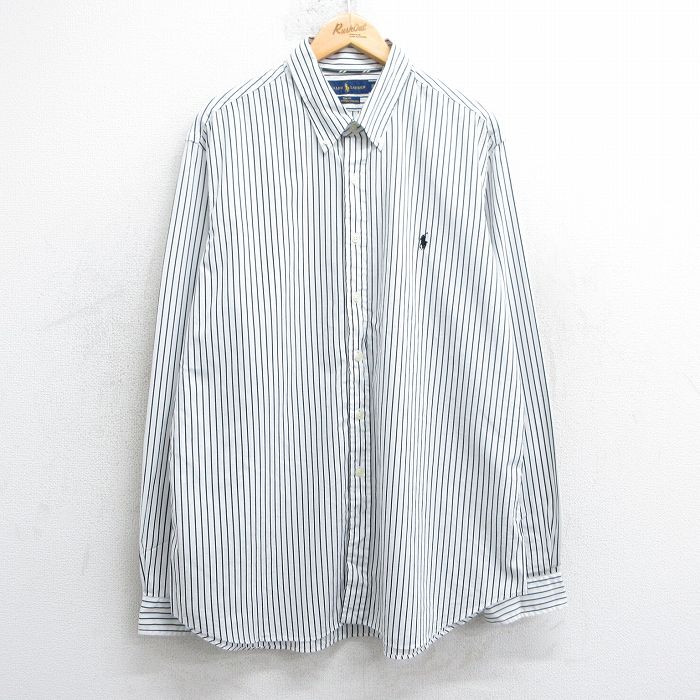 XL★古着 ラルフローレン Ralph Lauren 長袖 ブランド シャツ メンズ ワンポイントロゴ 大きいサイズ ロング丈 コットン ボタンダウン 白他 ホワイト ストライプ 25jul02 中古 トップス