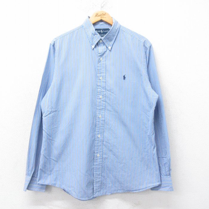 L★古着 ラルフローレン Ralph Lauren 長袖 ブランド シャツ メンズ 90年代 90s ワンポイントロゴ コットン ボタンダウン 薄紺他 ネイビー ストライプ 25jul05 中古 トップス