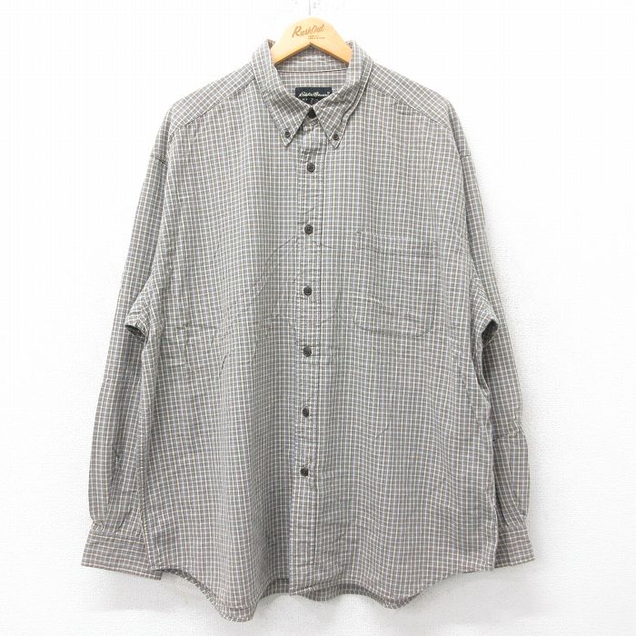 XL★古着 エディーバウアー 長袖 ブランド シャツ メンズ 00年代 00s 大きいサイズ コットン ボタンダウン 薄茶他 ブラウン チェック 25jul05 中古 トップス