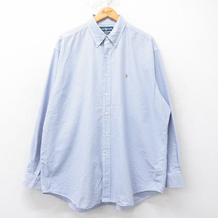 XL★古着 ラルフローレン Ralph Lauren 長袖 ブランド シャツ メンズ 90年代 90s ワンポイントロゴ BLAKE 大きいサイズ コットン ボタンダウン 薄紺他 ネイビー チェック 25jul05 中古 トップス