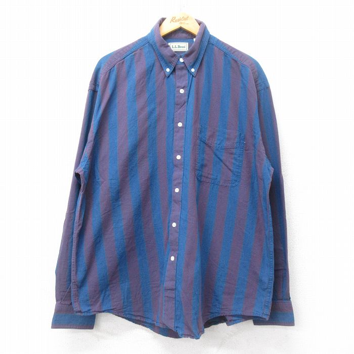 XL★古着 エルエルビーン LLBEAN 長袖 ブランド シャツ メンズ 90年代 90s 大きいサイズ コットン ボタンダウン カナダ製 紺他 ネイビー ストライプ 【spe】 25jul05 中古 トップス