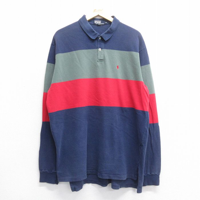 【20%OFF】XL★古着 ラルフローレン Ralph Lauren 長袖 ブランド ポロ シャツ メンズ 90年代 90s ワンポイントロゴ 鹿の子 マルチカラー コットン 紺他 ネイビー 25jul05 中古 トップス