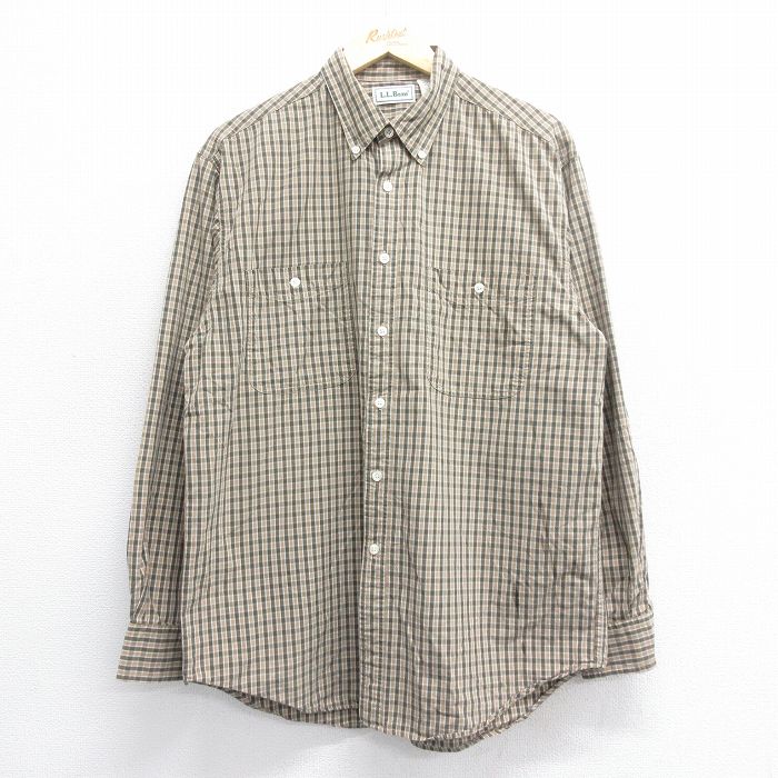 L★古着 エルエルビーン LLBEAN 長袖 ブランド シャツ メンズ 90年代 90s コットン ボタンダウン 茶他 ブラウン チェック 25jul05 中古 トップス