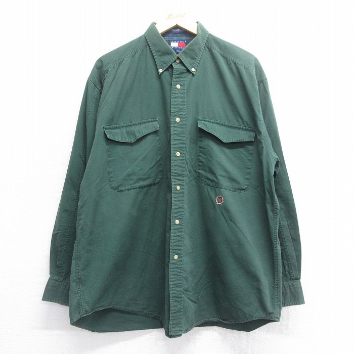XL★古着 トミーヒルフィガー TOMMY HILFIGER 長袖 ブランド シャツ メンズ 90年代 90s ワンポイントロゴ 大きいサイズ コットン ボタンダウン 緑 グリーン 25jul05 中古 トップス