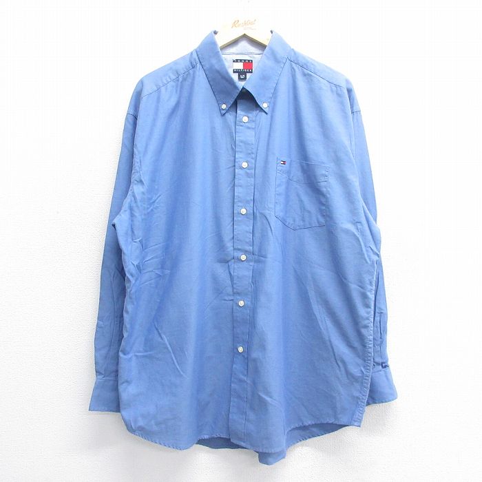 XL★古着 トミーヒルフィガー TOMMY HILFIGER 長袖 ブランド シャツ メンズ 90年代 90s ワンポイントロゴ 大きいサイズ コットン ボタンダウン 薄紺 ネイビー 25jul05 中古 トップス