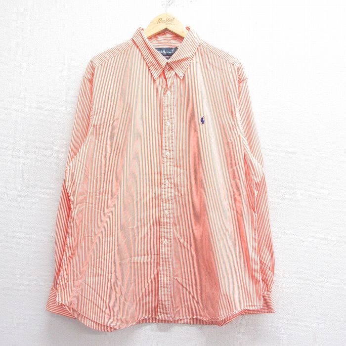 XL★古着 ラルフローレン Ralph Lauren 長袖 ブランド シャツ メンズ 90年代 90s ワンポイントロゴ 大きいサイズ コットン ボタンダウン オレンジ他 ストライプ 25jul05 中古 トップス