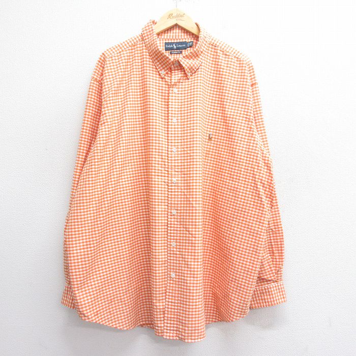 【20%OFF】XL★古着 ラルフローレン Ralph Lauren 長袖 ブランド シャツ メンズ 90年代 90s ワンポイントロゴ 大きいサイズ ロング丈 コットン ボタンダウン オレンジ他 ギンガム チェック 25jul05 中古 トップス