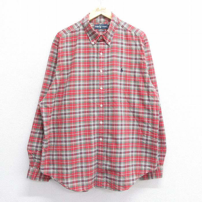XL★古着 ラルフローレン Ralph Lauren 長袖 ブランド シャツ メンズ 90年代 90s ワンポイントロゴ 大きいサイズ コットン ボタンダウン 赤他 レッド チェック 25jul05 中古 トップス