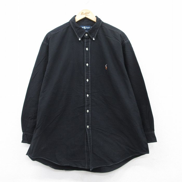 【50%OFF】XL★古着 ラルフローレン Ralph Lauren 長袖 ブランド シャツ メンズ 90年代 90s ワンポイントロゴ オックスフォード YARMOUTH 大きいサイズ コットン ボタンダウン 黒 ブラック 25jul08 中古 トップス